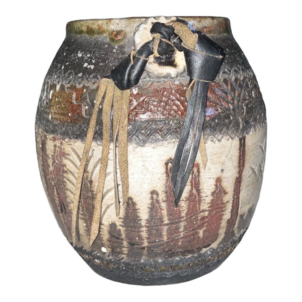 MISSA Pottery Vase Raku Medallion Leather Tie Brown Black Metchosin School Arts